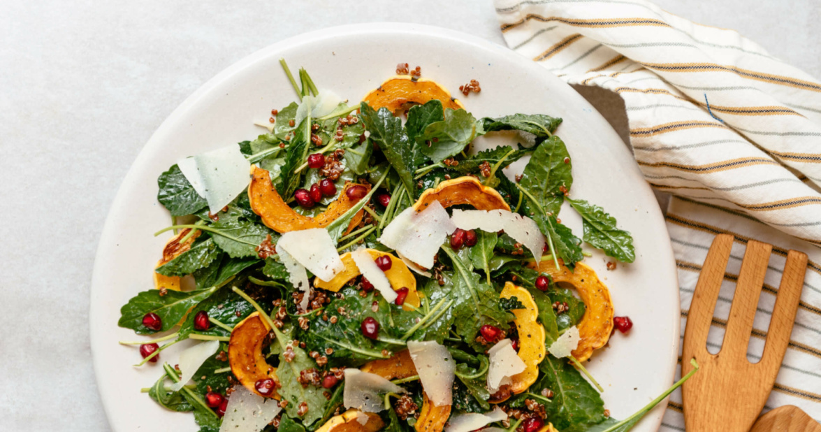 Delicata Squash Salad with Kale Quinoa Manchego and Maple Walnut Vinaigrette scaled