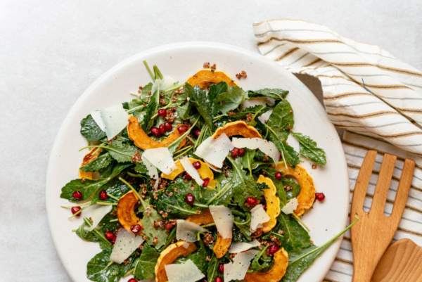 Delicata Squash Salad with Kale Quinoa Manchego and Maple Walnut Vinaigrette scaled